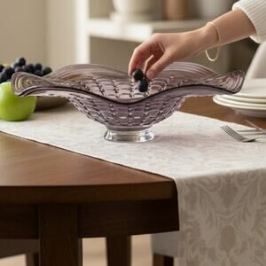 Large Handblown Art Glass Centerpiece Bowl Amethyst Purple Hand Cut Vintage